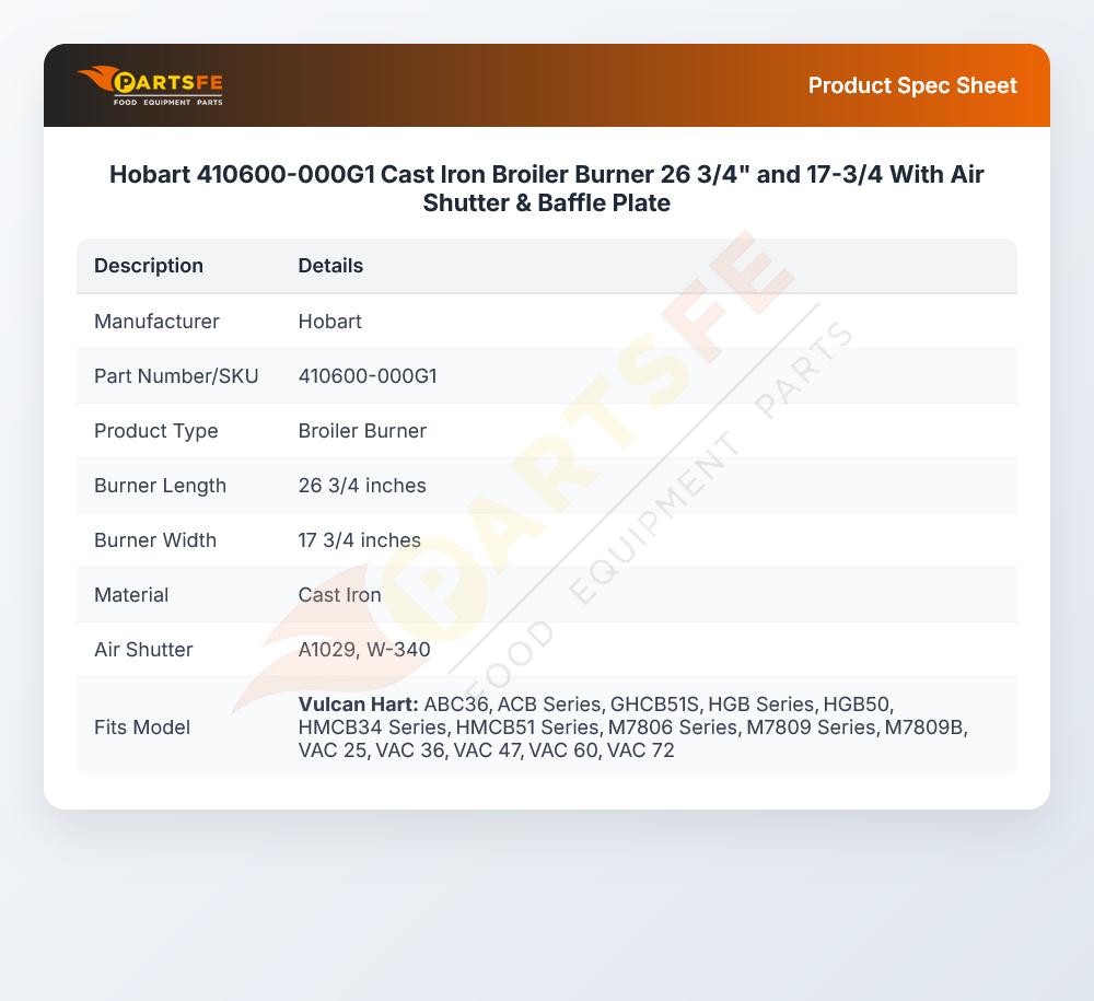 Hobart 410600-000G1 Cast Iron Broiler Burner 26 3/4" and 17-3/4 With Air Shutter & Baffle Plate