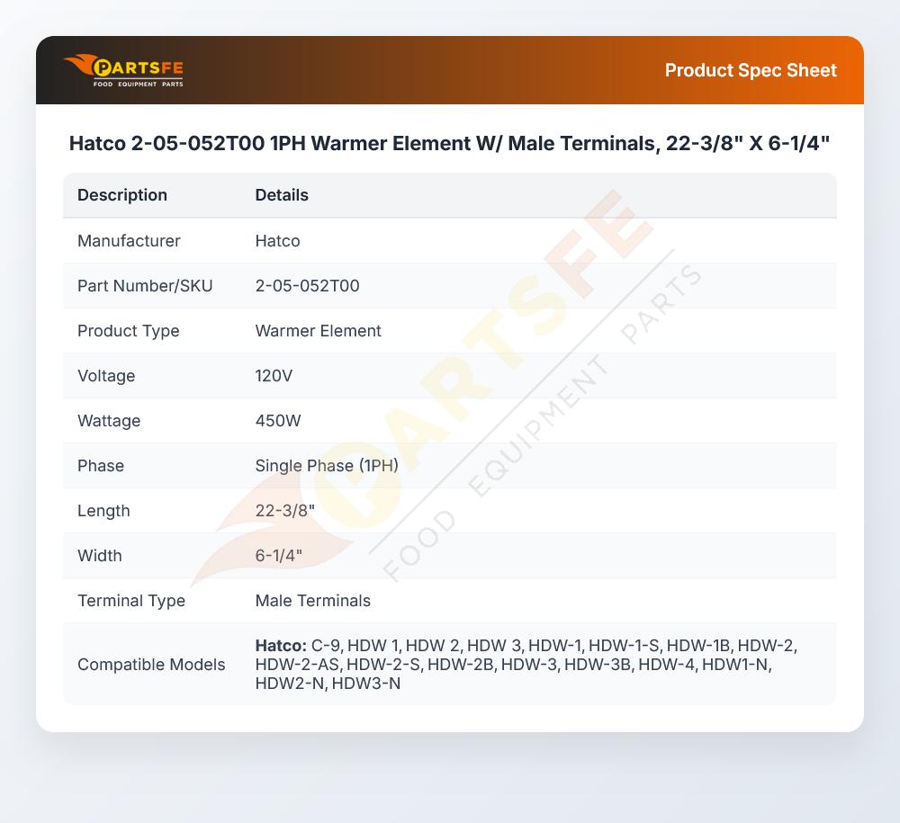 Hatco 2-05-052T00 1PH Warmer Element W/ Male Terminals, 22-3/8" X 6-1/4"