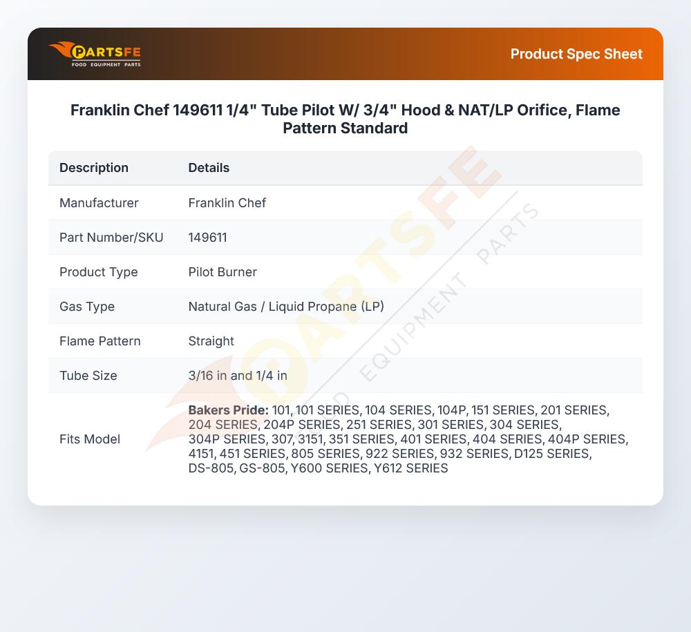 Franklin Chef 149611 Flame Pattern Standard 1/4" Tube Pilot W/3/4" Hood & NAT/LP Orifice