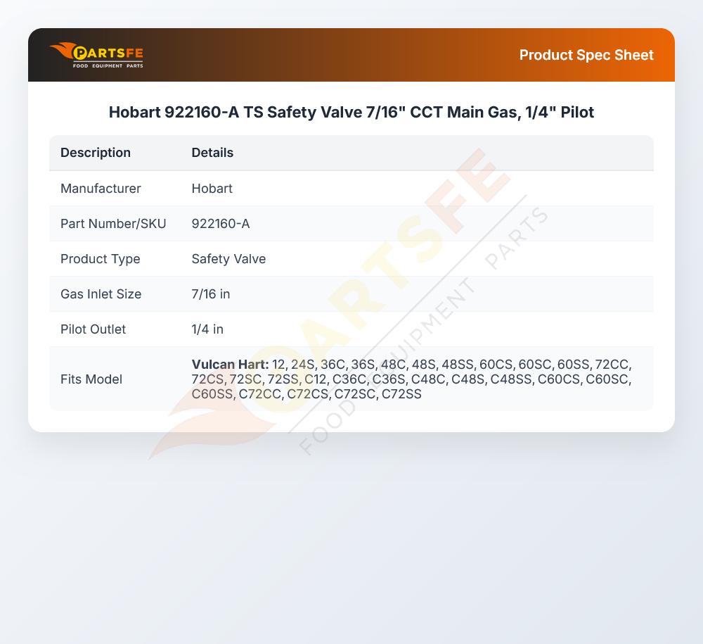 Hobart 922160-A Range TS Safety Valve 7/16" CCT Main Gas 1/4" Pilot