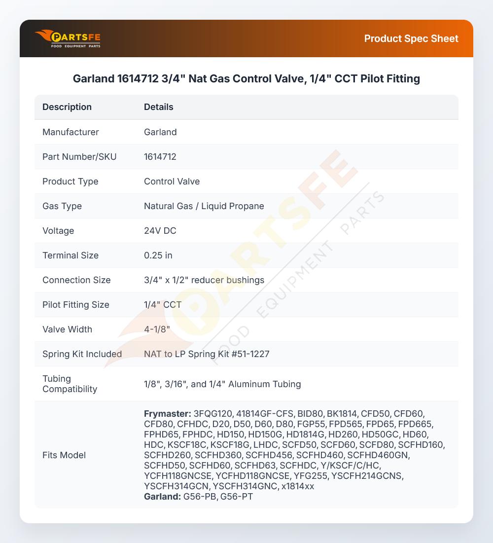 Garland 1614712 Pizza Oven Natural Gas Control Valve 1/4" CCT Pilot Fitting 3/4"