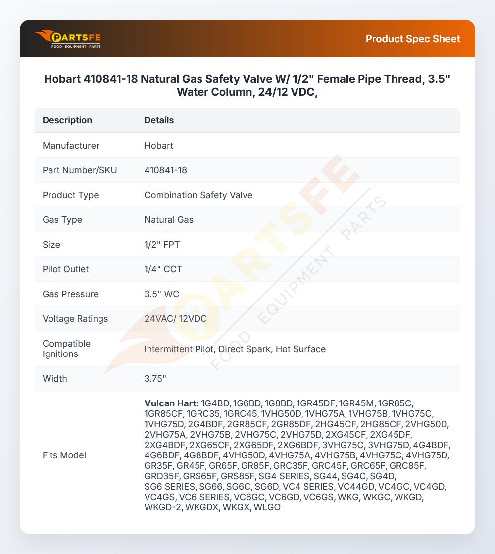 Hobart 410841-18 Gas Valve 1/2" FPT 3.5" WC 24 VAC/12 VDC