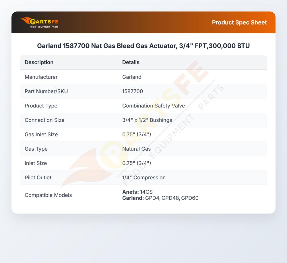 Garland 1587700 Nat Gas Bleed Gas Actuator, 3/4" FPT,300,000 BTU