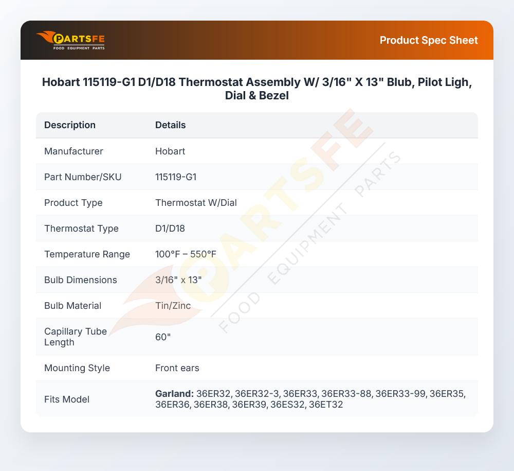 Hobart 115119-G1 Thermostat W/Dial 3/16" X 13" D1/D18