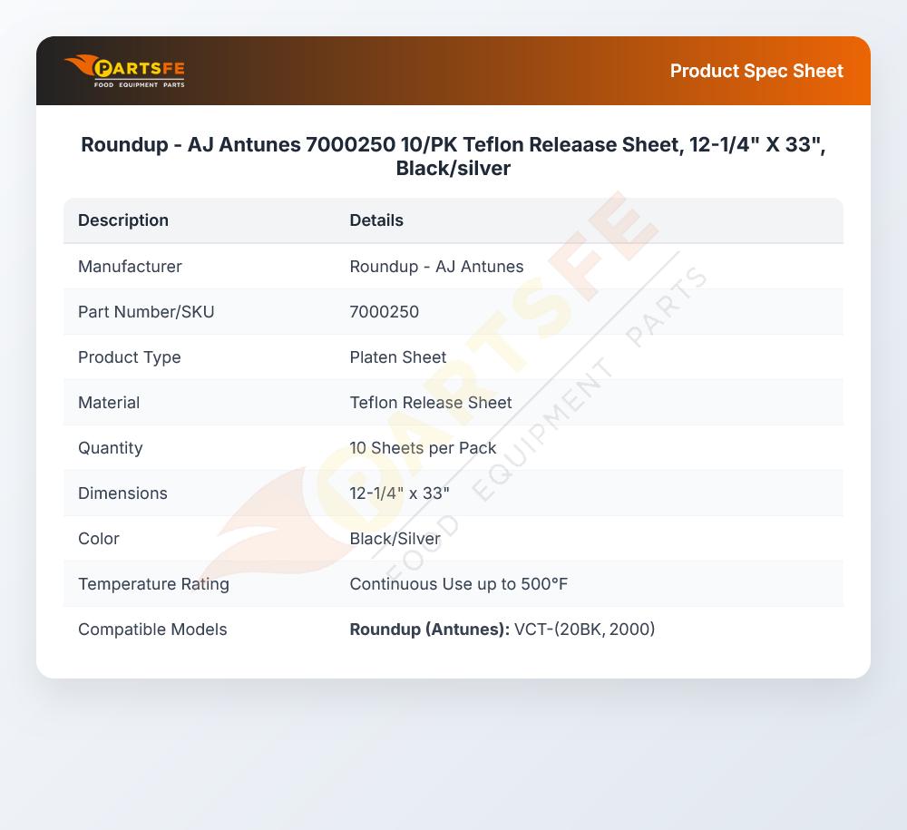 Roundup - AJ Antunes 7000250 Vertical Toaster Teflon Release Sheet 12-1/4" X 33" B/S 10-Pack