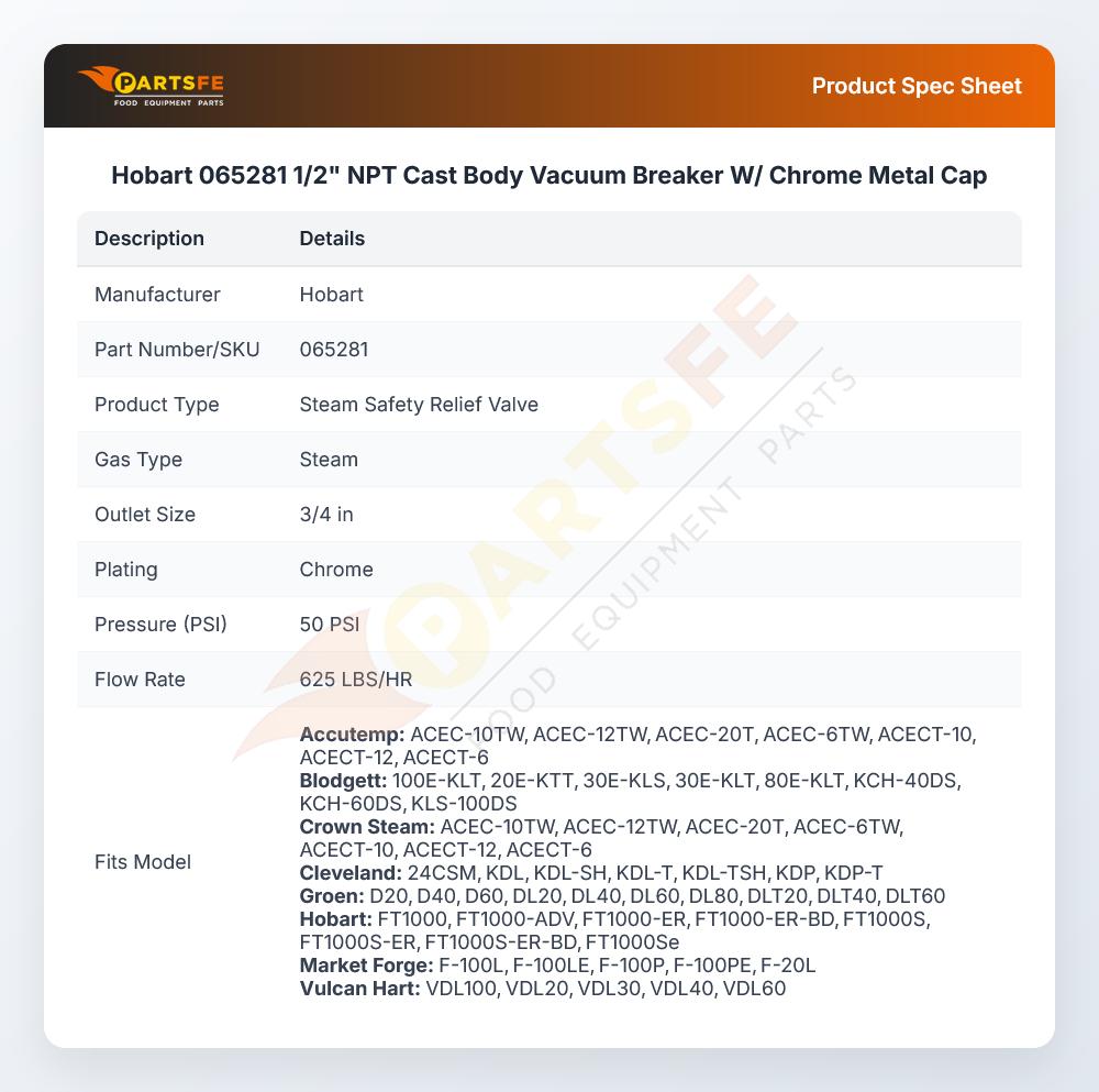 Hobart 065281 Safety Relief Valve 3/4" MNPT 50 PSI