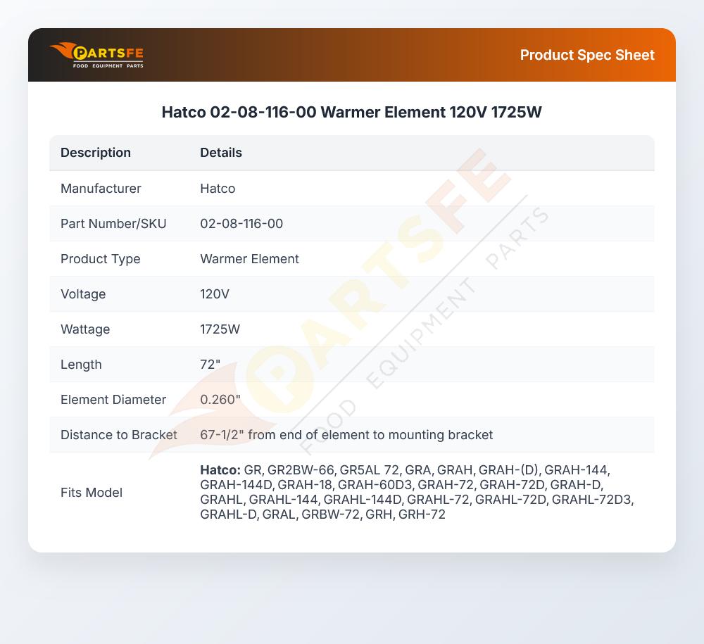 Hatco 02-08-116-00 Warmer Element 120V 1725W