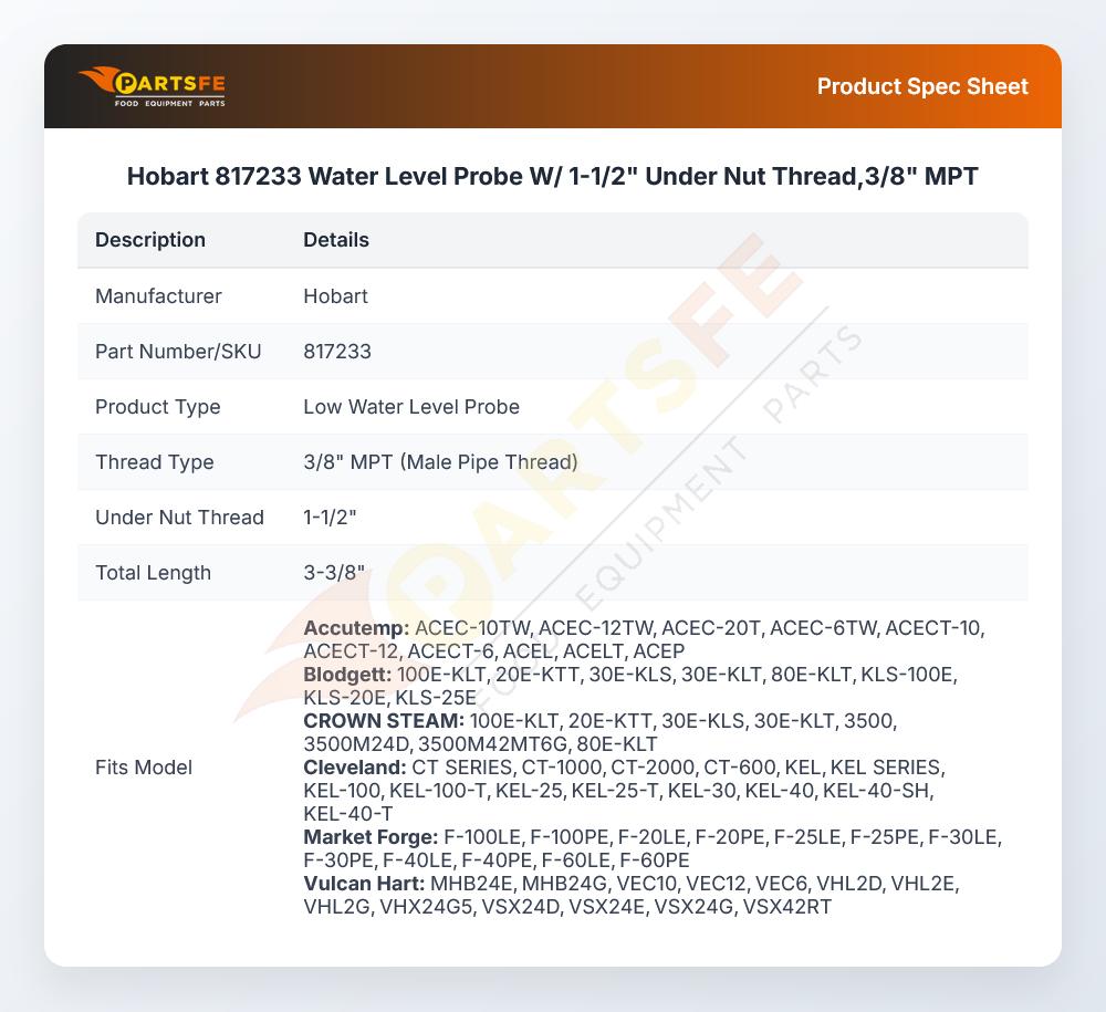 Hobart 817233 Jacketed Kettle Water Level Probe W/1-1/2" Under Nut Thread 3/8" MPT