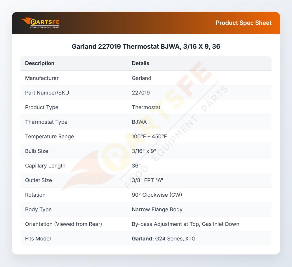 Garland 227019 Thermostat BJWA 3/16 X 9 36"