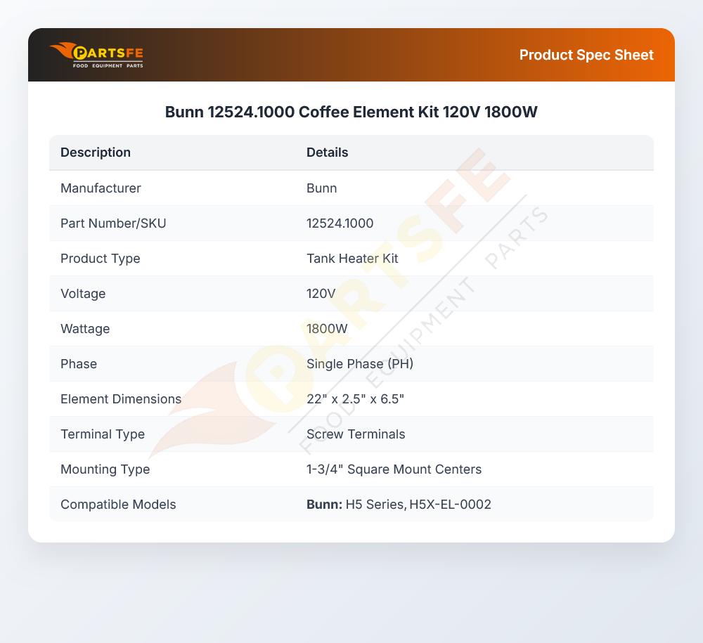 Bunn 12524.1000 Automatic Brewer Tank Heater Kit 1800W 120V