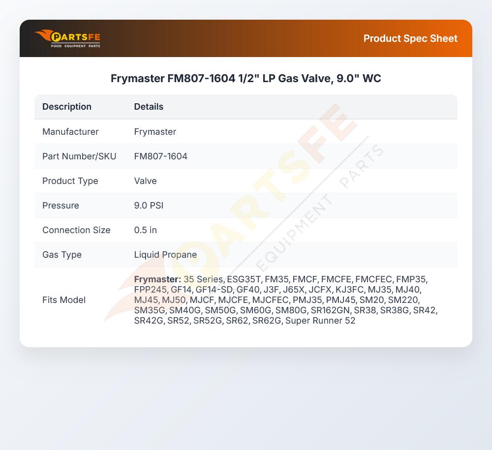Frymaster FM807-1604 Gas Valve 1/2" LP 9.0" WC