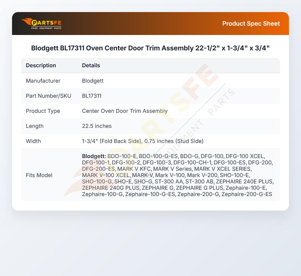 Blodgett BL17311 Oven Center Door Trim Assembly 22-1/2" x 1-3/4" x 3/4"