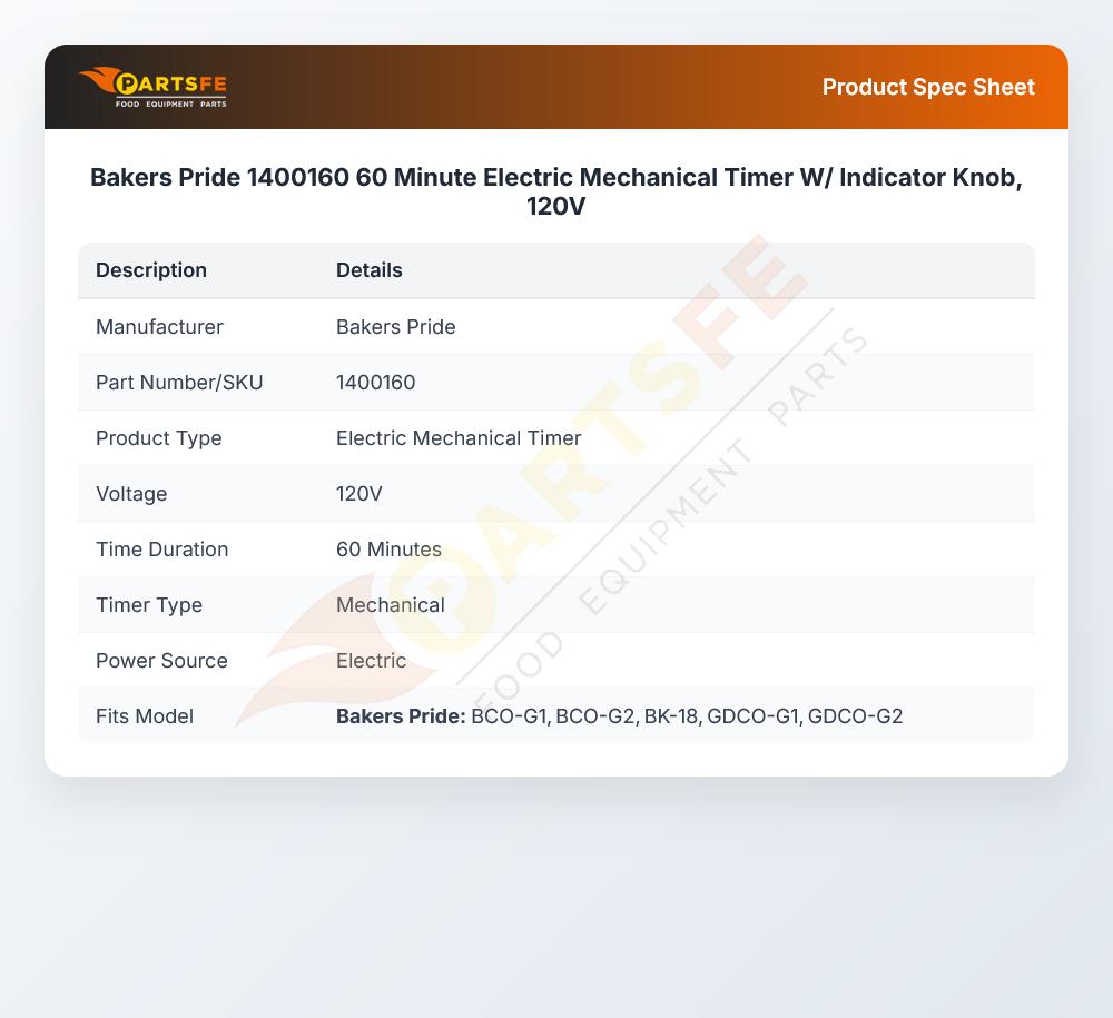Bakers Pride 1400160 Oven Timer 60-Minute 120V 60Hz