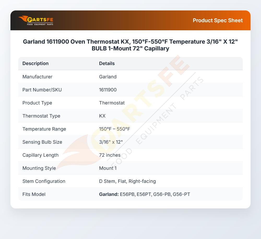 Garland 1611900 Oven Thermostat KX, 150&deg;F-550&deg;F Temperature 3/16" X 12" BULB 1-Mount 72" Capillary