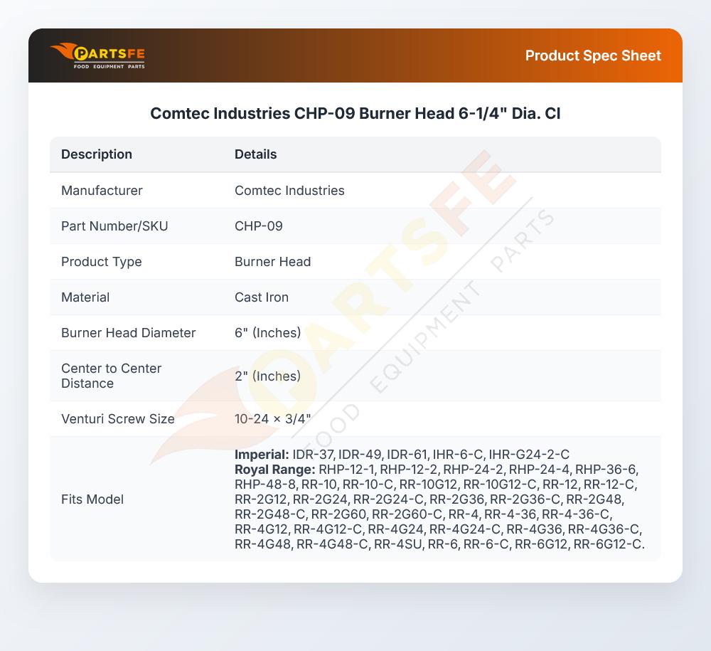 Comtec Industries CHP-09 Burner Head Cast Iron 6" DIA