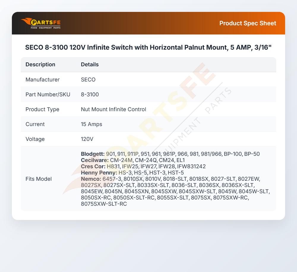 SECO 8-3100 120V Infinite Switch with Horizontal Palnut Mount, 5 AMP, 3/16"
