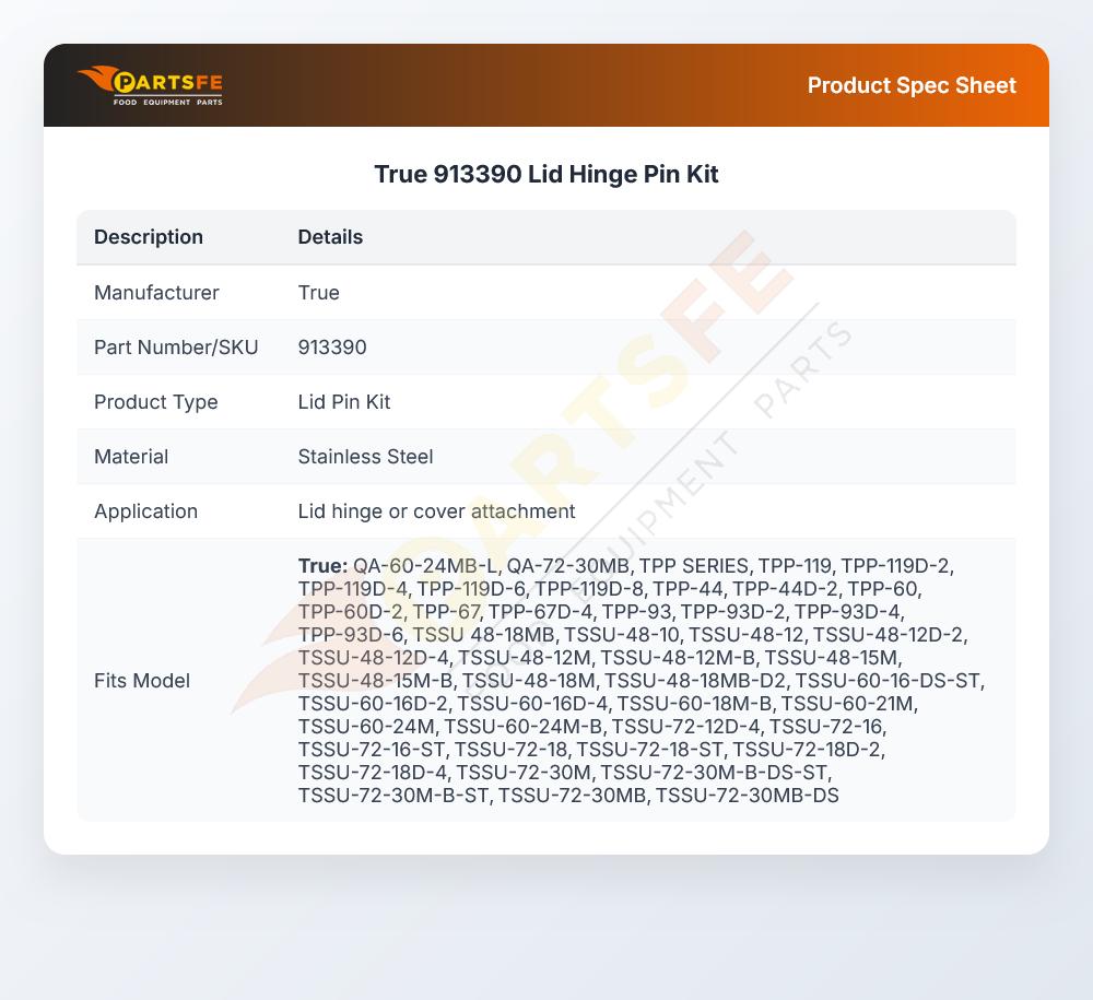 True 913390 Lid Hinge Pin Kit