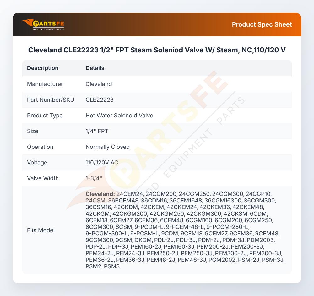 Cleveland CLE22223 1/2" FPT Steam Soleniod Valve W/ Steam, NC,110/120 V