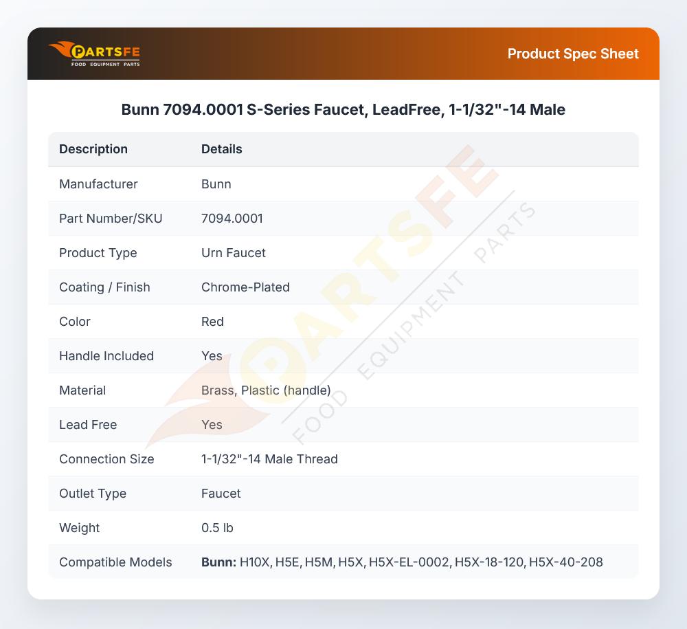 Bunn 7094.0001 S-Series Faucet, LeadFree, 1-1/32"-14 Male