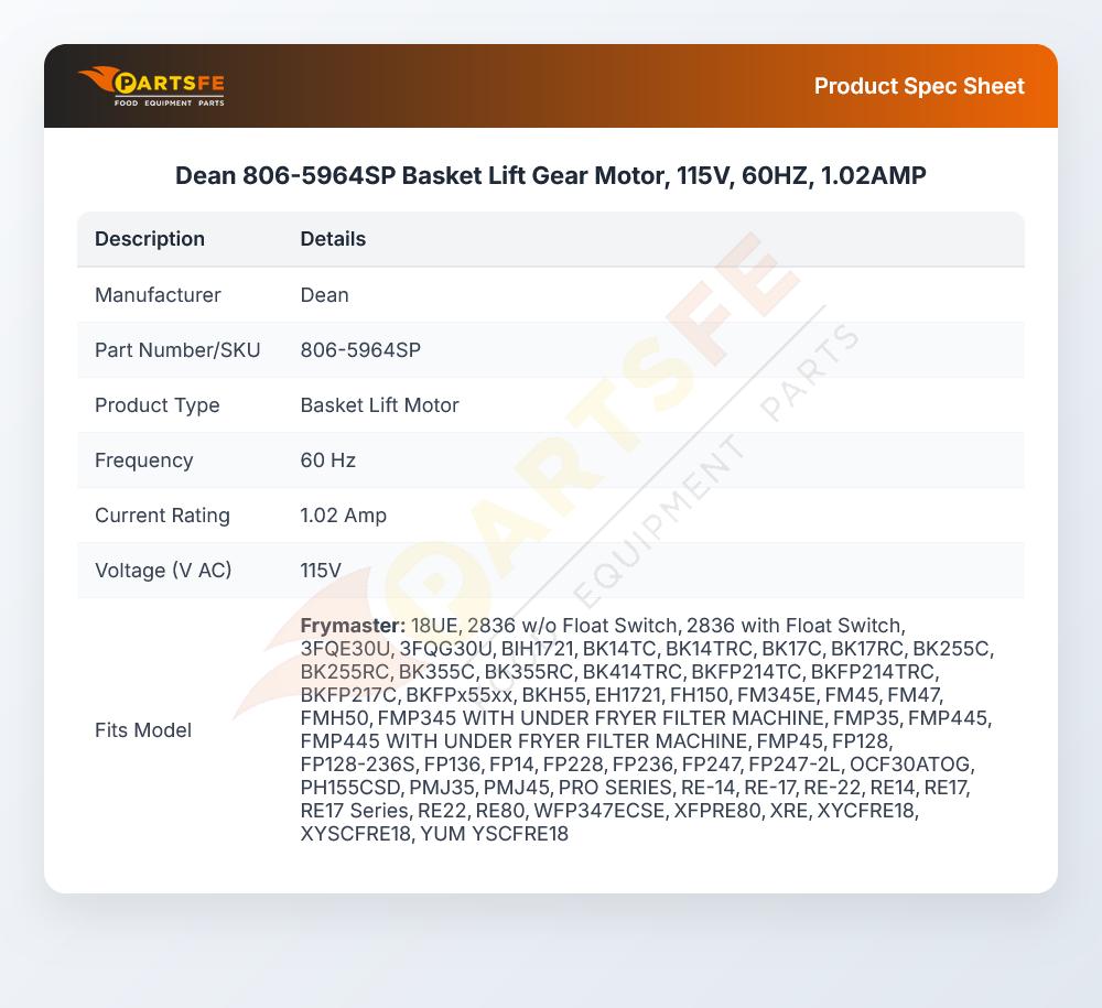 Dean 806-5964SP Fryer Basket Lift Gear Motor 1.02A 115V 60Hz