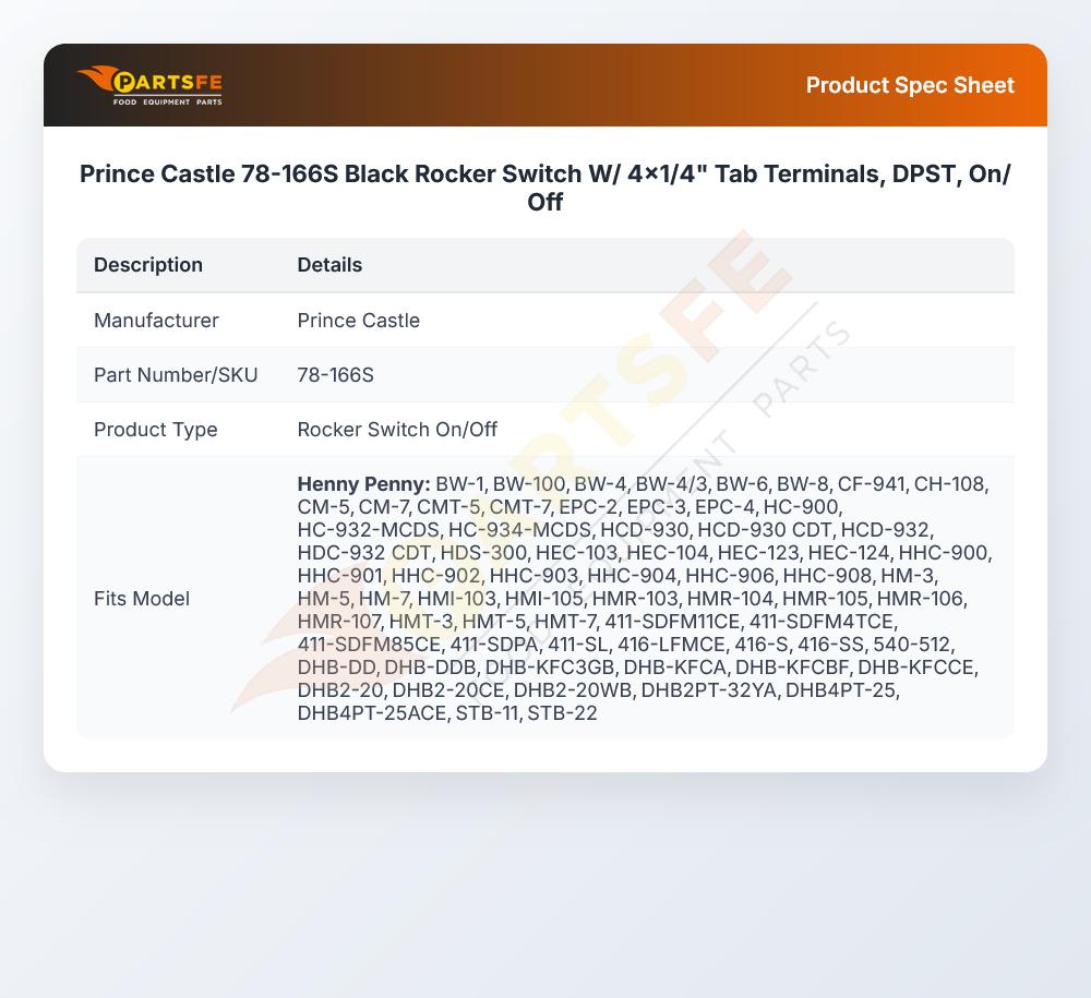 Prince Castle 78-166S Black Rocker On/Off Switch W/4x1/4" Tab Terminals DPST