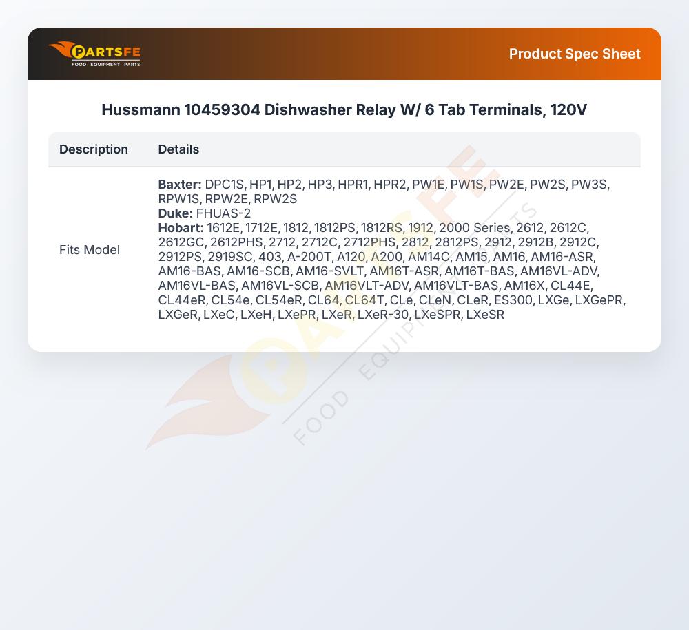 Hussmann 10459304 Dishwasher Relay W/ 6 Tab Terminals, 120V