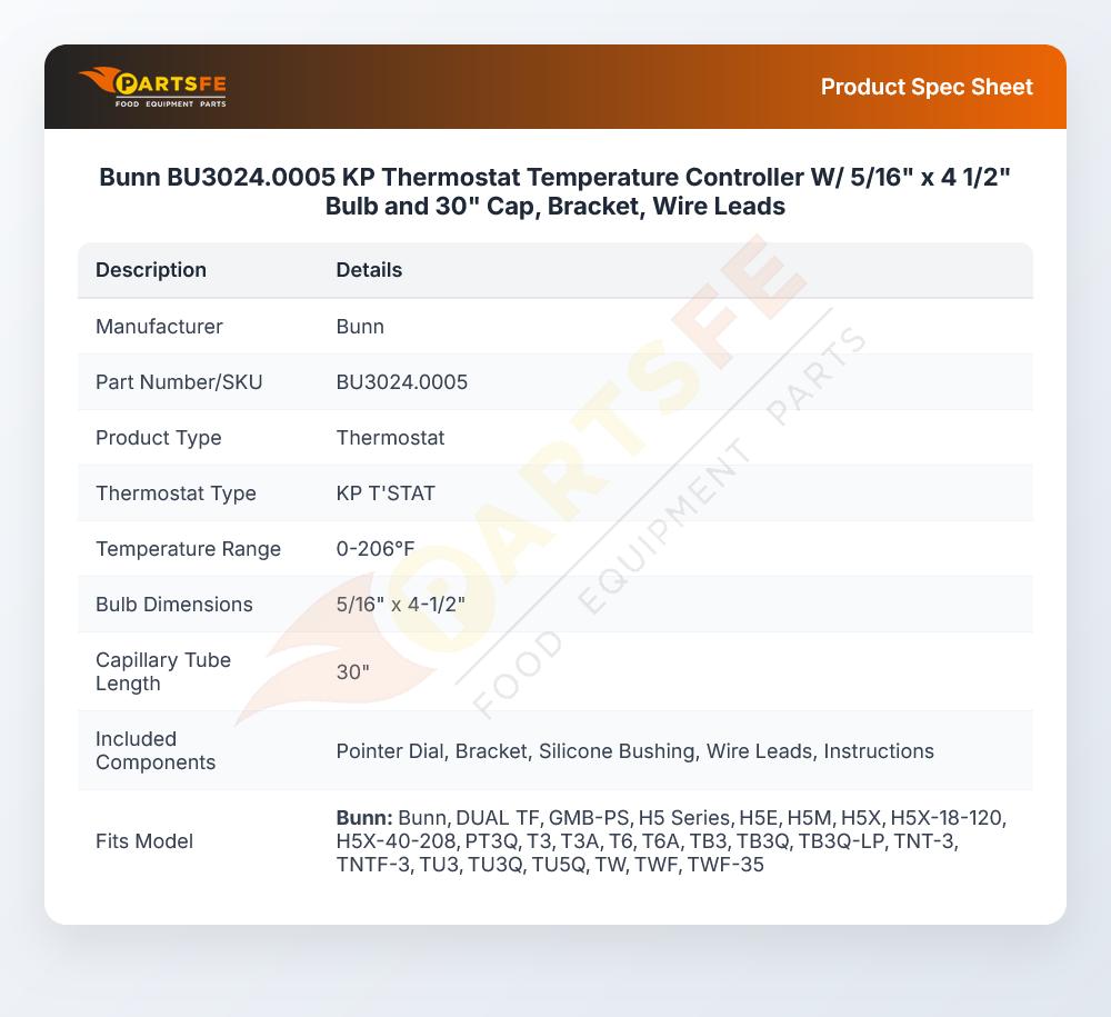 Bunn BU3024.0005 KP Thermostat Temperature Controller W/ 5/16" x 4 1/2" Bulb and 30" Cap, Bracket, Wire Leads