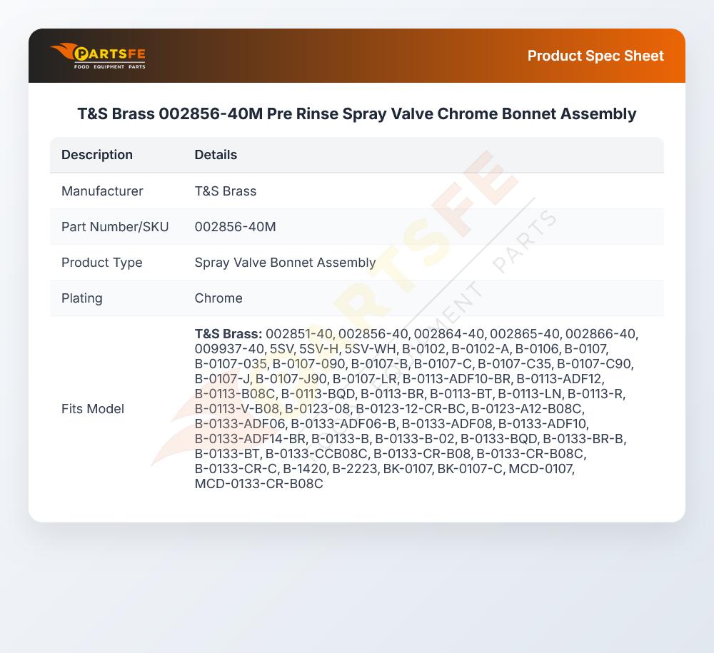 T&S Brass 002856-40M Pre Rinse Spray Valve Chrome Bonnet  Assembly