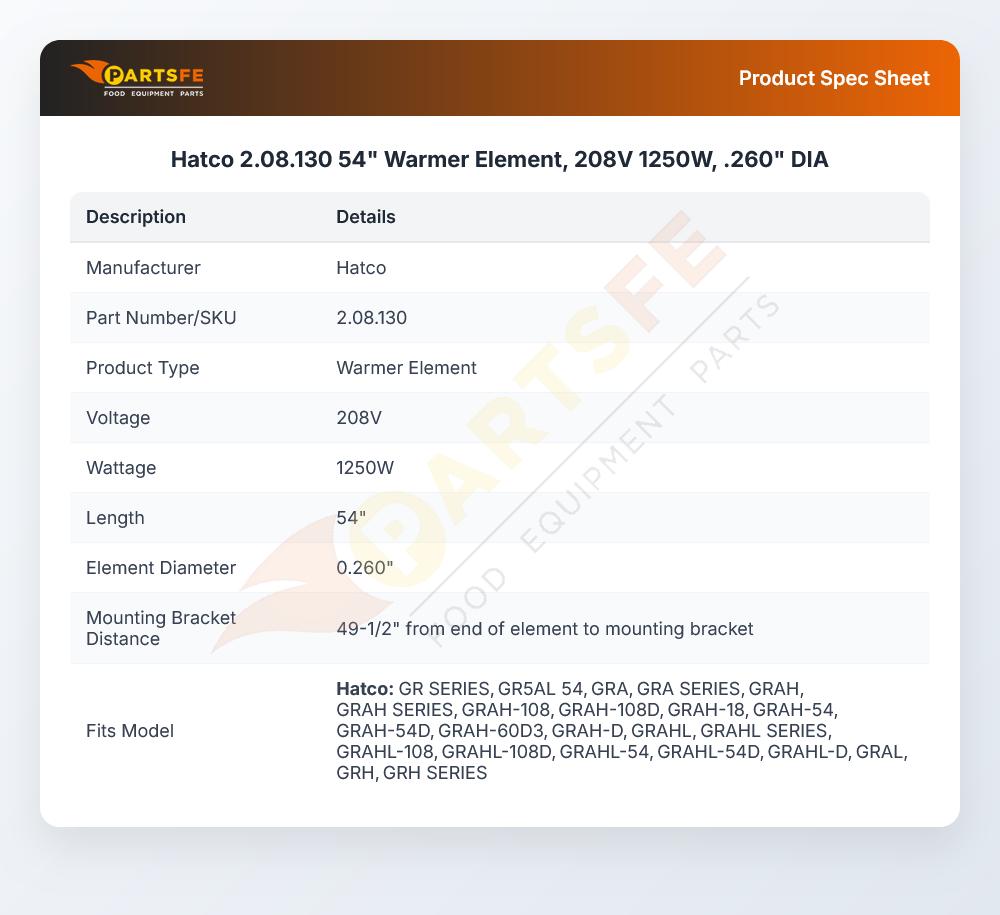 Hatco 2.08.130 54" Warmer Element, 208V 1250W,  .260" DIA