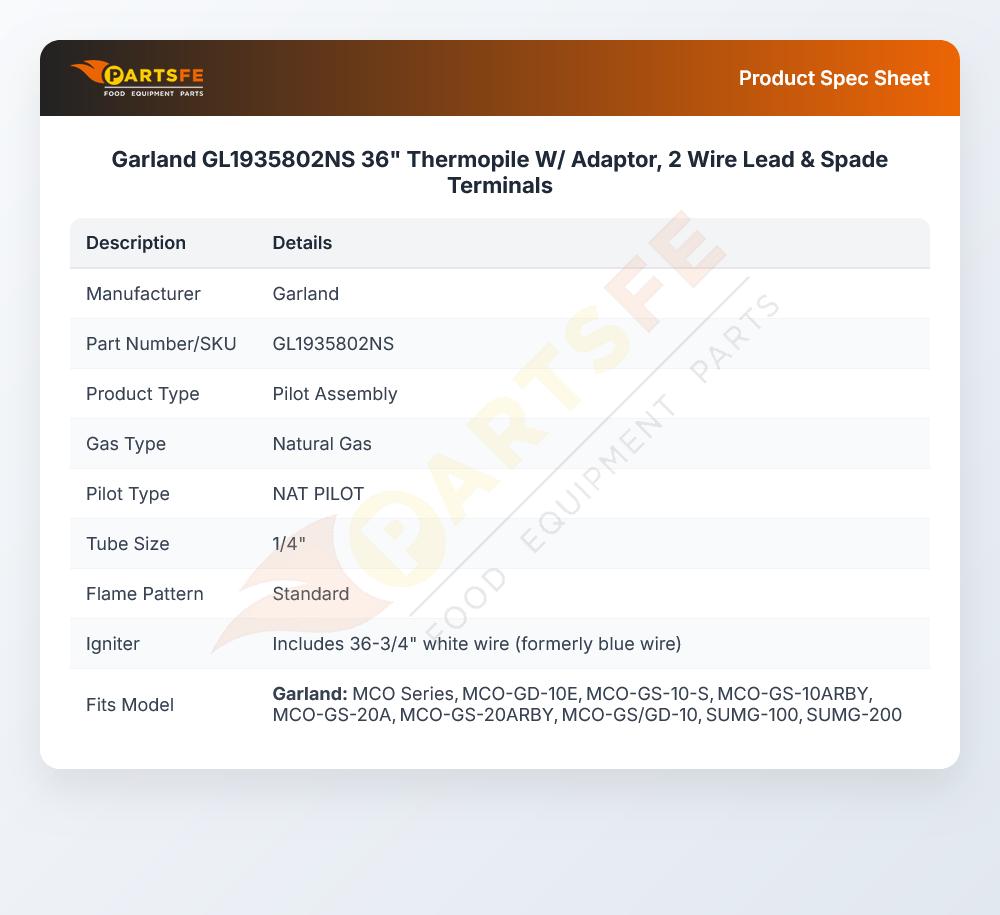 Garland GL1935802NS Thermopile W/Adaptor 2 Wire Lead & Spade Terminals 36"