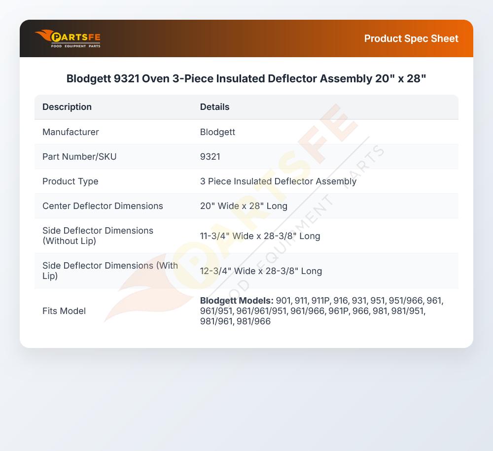 Blodgett 9321 Oven 3-Piece Insulated Deflector Assembly 20" x 28"