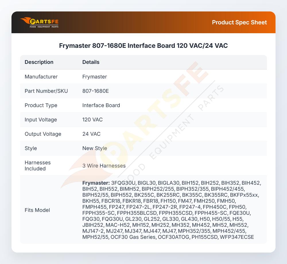 Frymaster 807-1680E Fryer Interface Board 120 VAC/24 VAC
