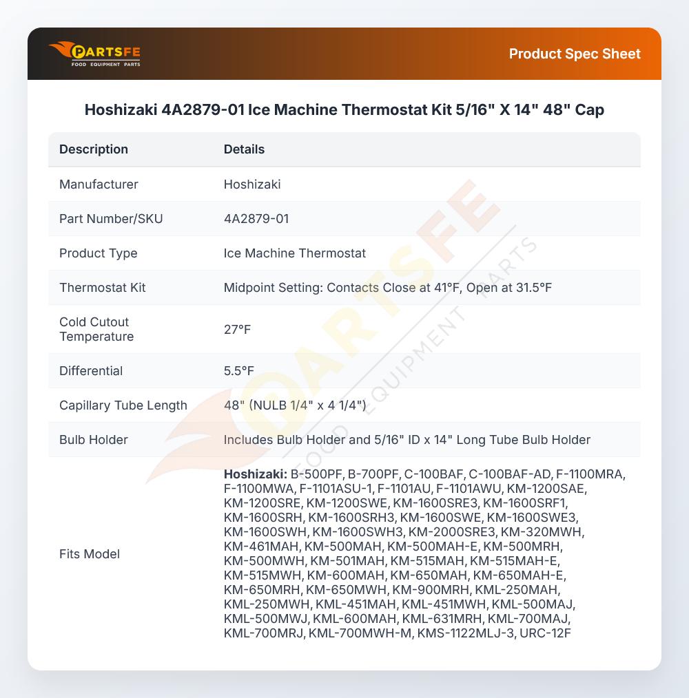 Hoshizaki 4A2879-01 Ice Machine Thermostat Kit 5/16"  X 14" 48" Cap