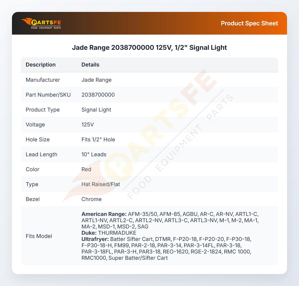 Jade Range 2038700000 Range Signal Light 1/2" 125V