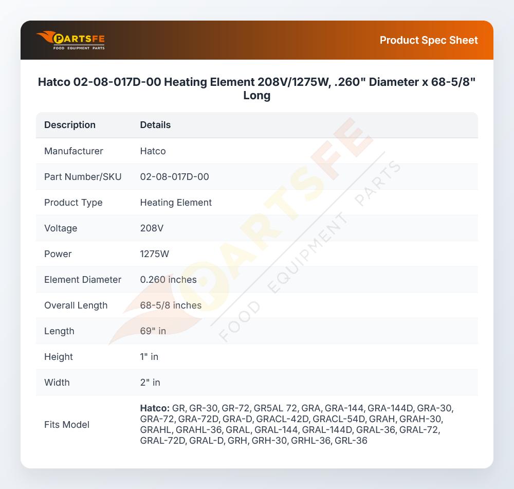 Hatco 02-08-017D-00 Heating Element 208V/1275W, .260" Diameter x 68-5/8" Long