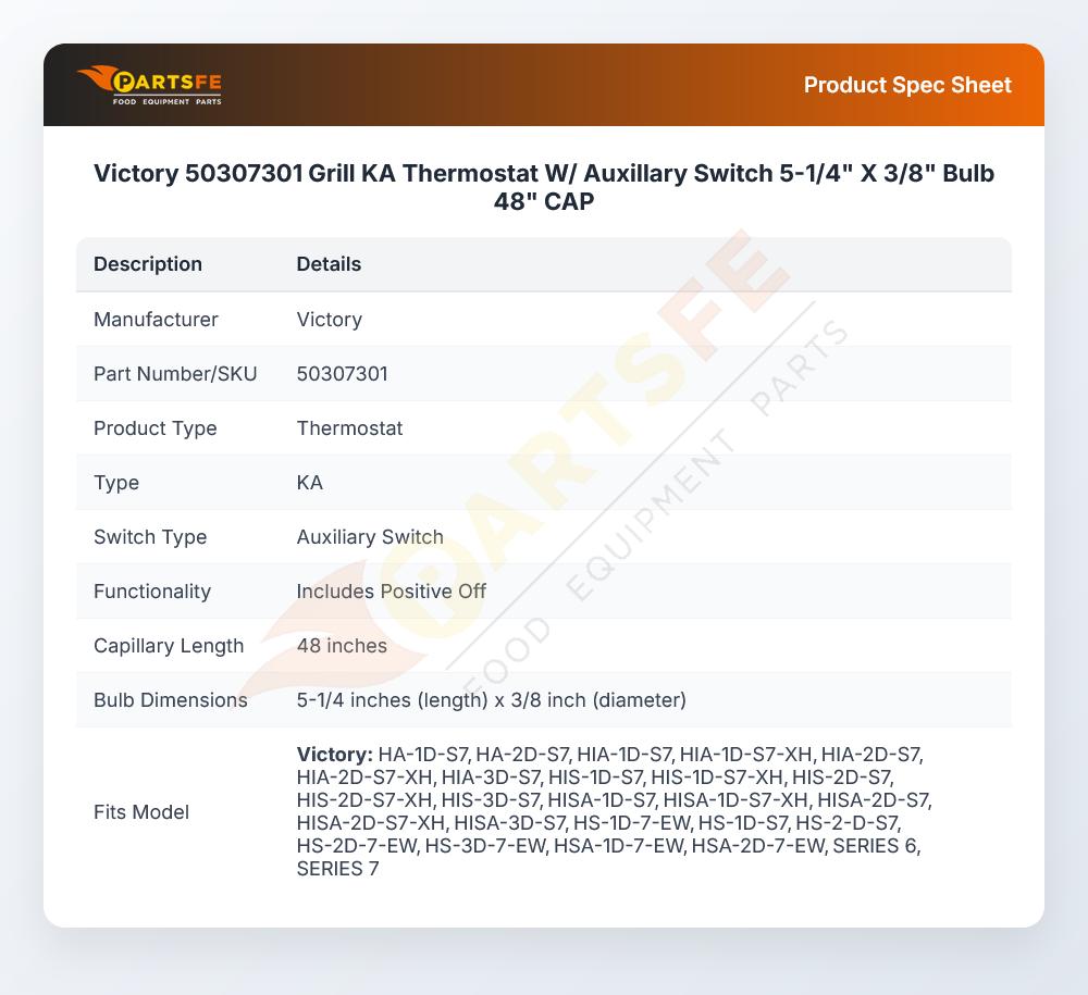 Victory 50307301 Grill KA Thermostat W/ Auxillary Switch 5-1/4" X 3/8" Bulb 48" CAP