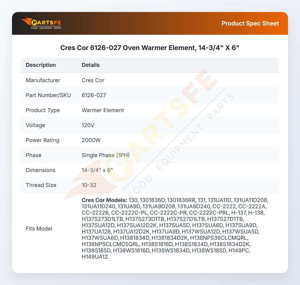 Cres Cor 6126-027 Hot Cabinet Warmer Element 14-3/4" X 6"
