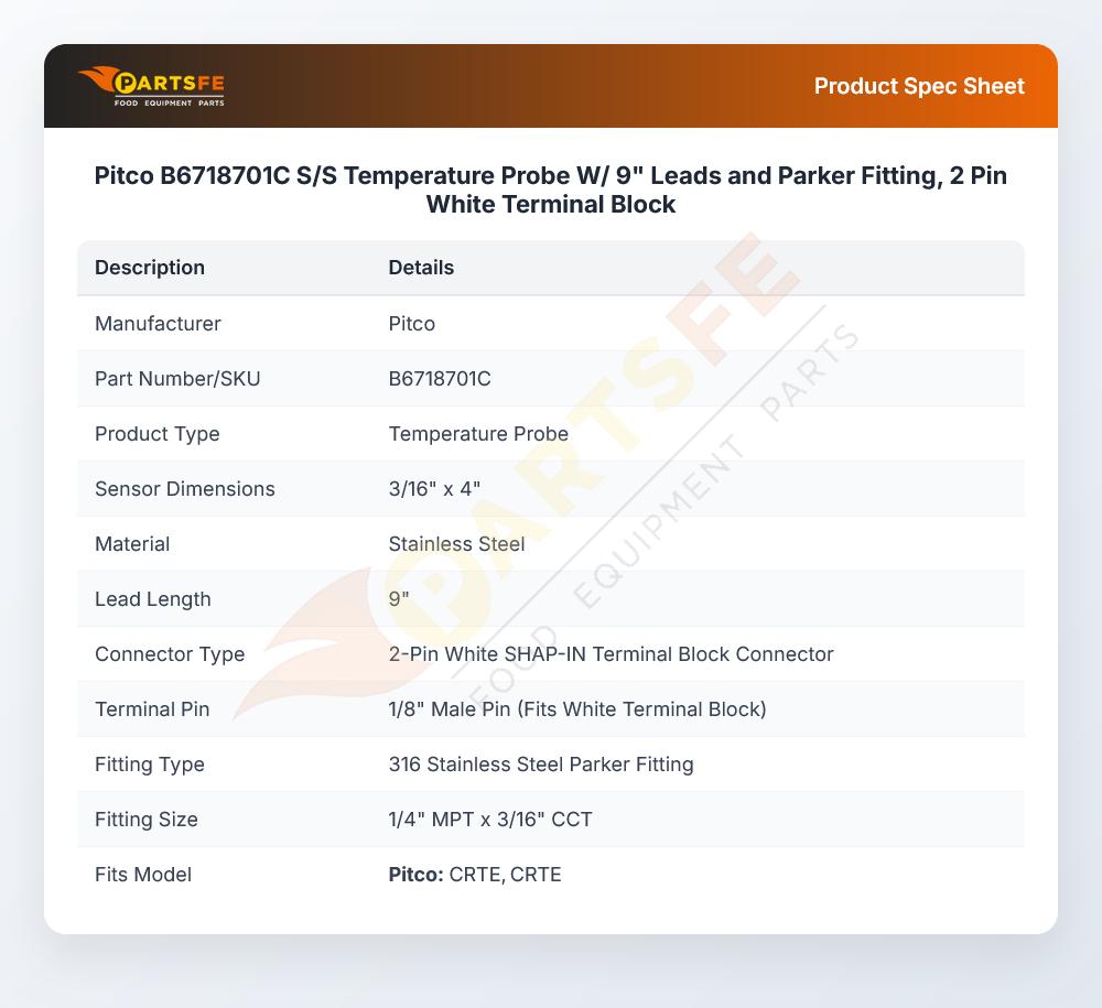 Pitco B6718701C Temperature Probe W/9" Leads & Parker Fitting 2-Pin White Terminal Block SS
