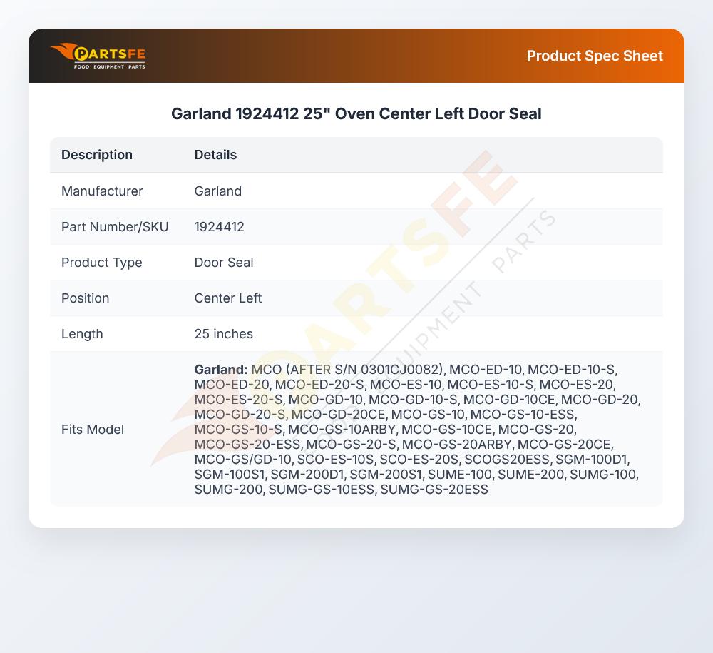 Garland 1924412 Oven Center Left Door Seal