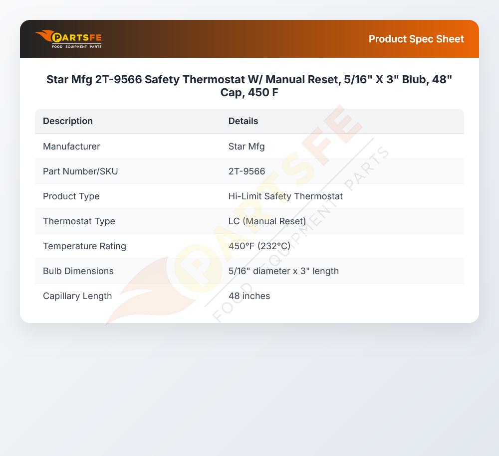 Star Mfg 2T-9566 Hi-Limit Thermostat W/30" CAP Tube 450&deg;F
