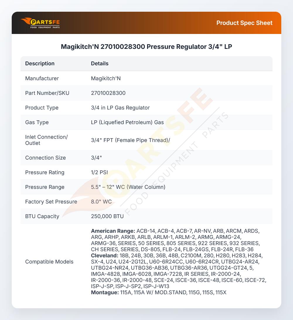 Magikitch'N 27010028300 Pressure Regulator 3/4" LP
