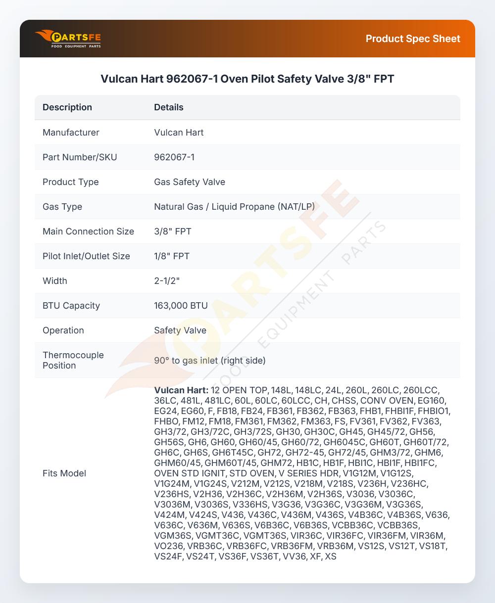Vulcan Hart 962067-1 Oven Pilot Safety Valve 3/8" FPT