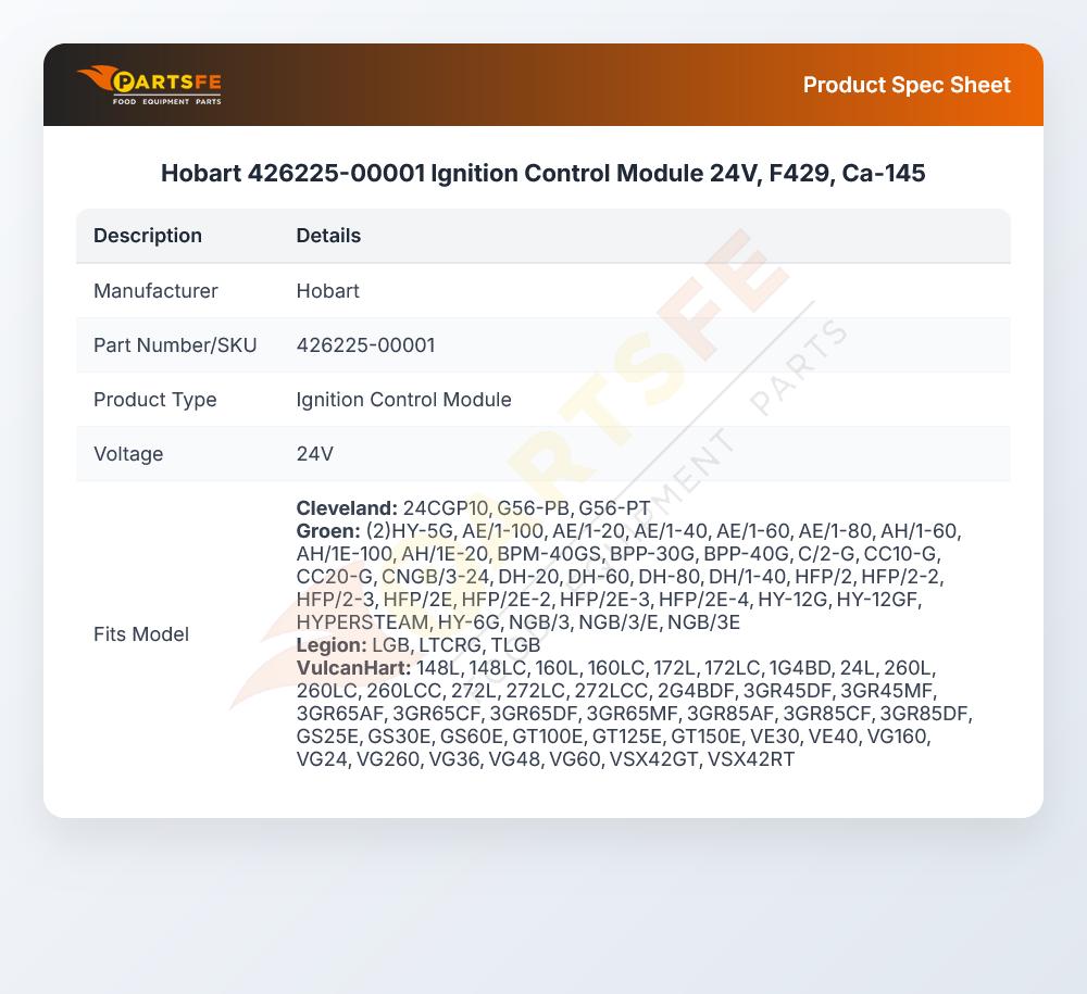 Hobart 426225-00001 Ignition Control Module 24V F429 CA-145