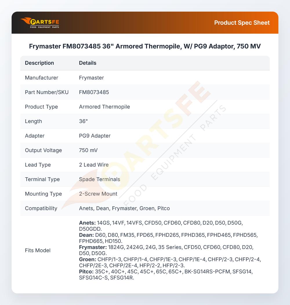 Frymaster FM8073485 36" Armored Thermopile, W/ PG9  Adaptor, 750 MV