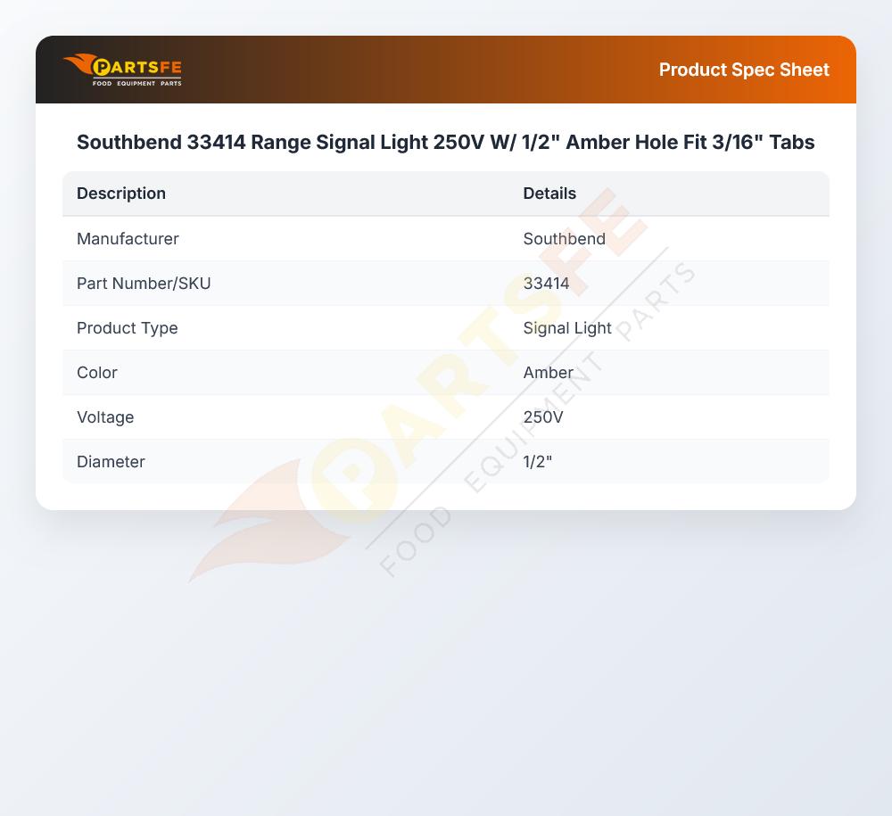 Southbend 33414 Range Signal Light 250V W/ 1/2" Amber Hole Fit 3/16" Tabs