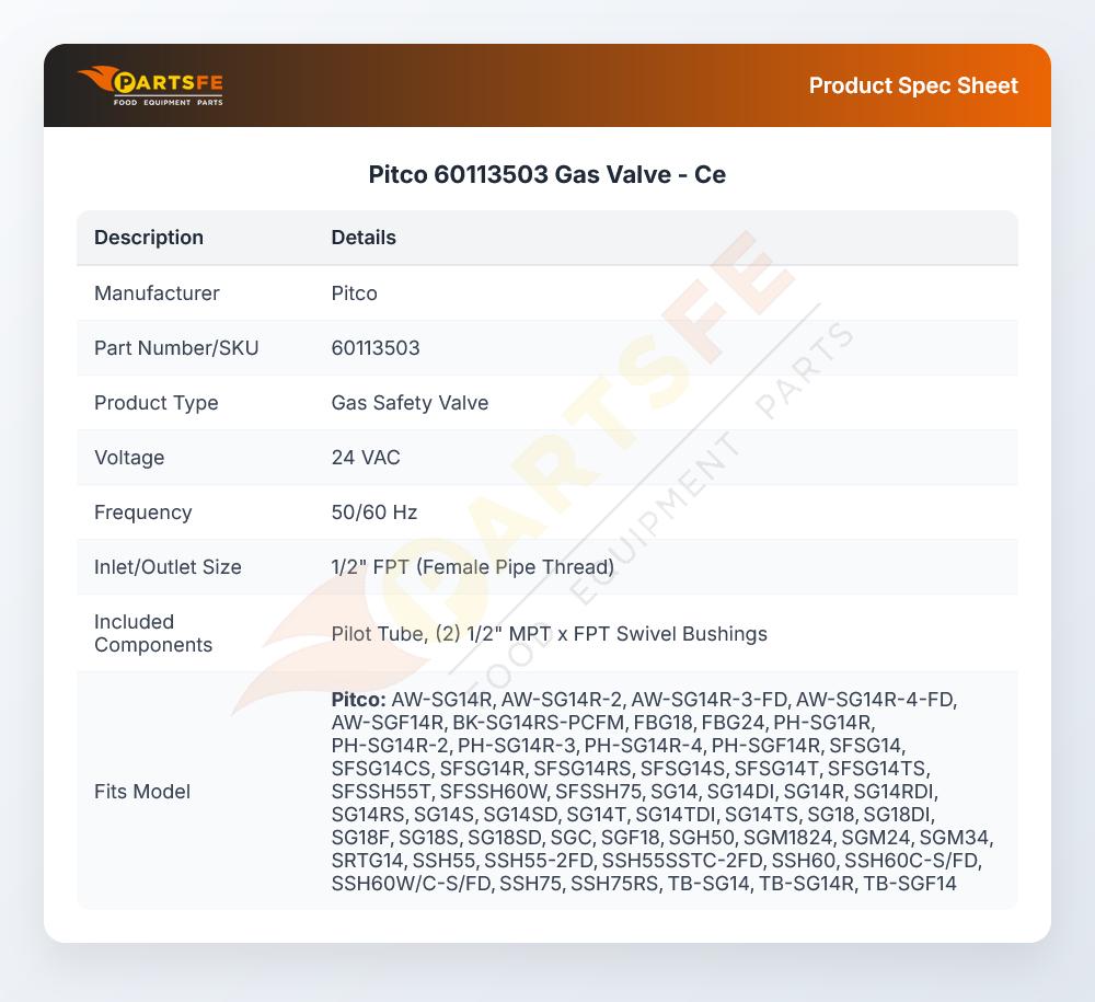 Pitco 60113503 Gas Valve CE