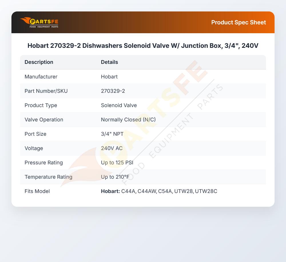 Hobart 270329-2 Dishwashers Solenoid Valve W/ Junction Box, 3/4", 240V
