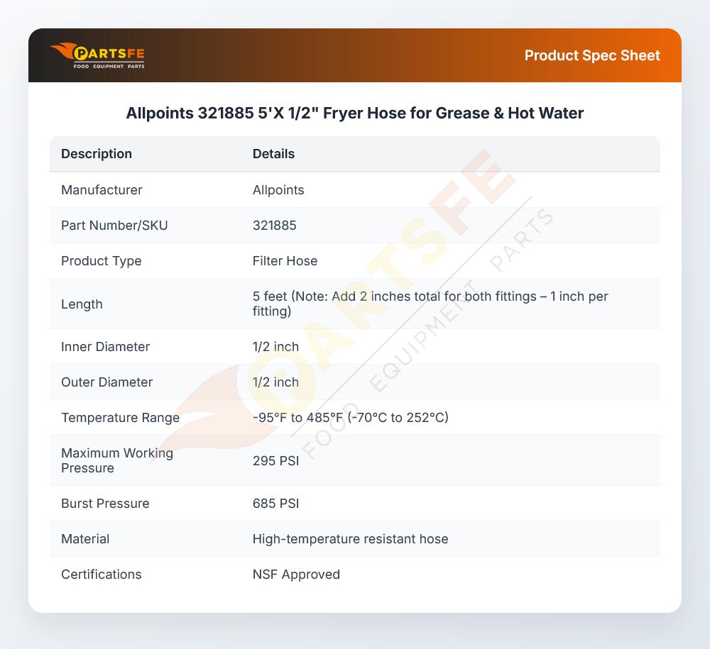Allpoints 321885 5'X 1/2"  Fryer Hose for Grease & Hot Water