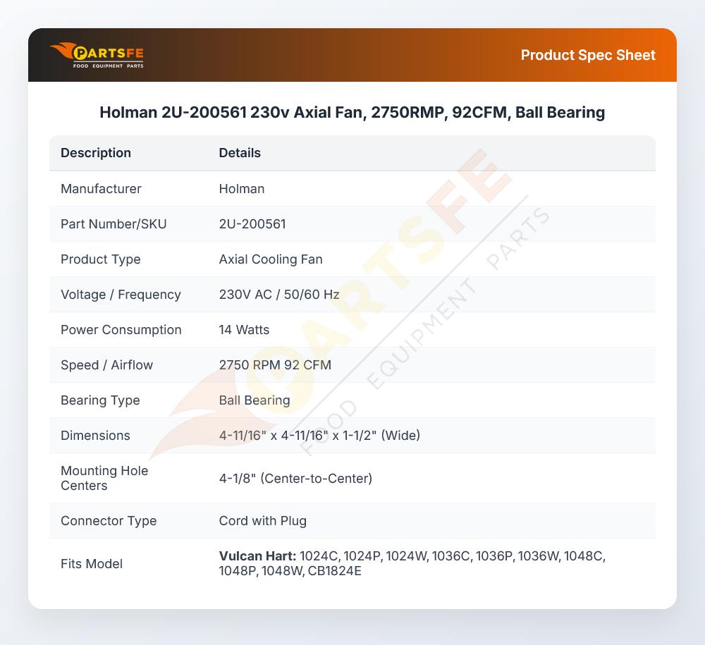 Holman 2U-200561 Cooling Fan 2750 RPM 230V 50/60Hz