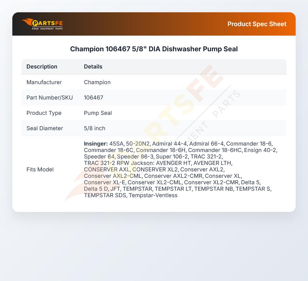 Champion 106467 5/8" DIA Dishwasher Pump Seal
